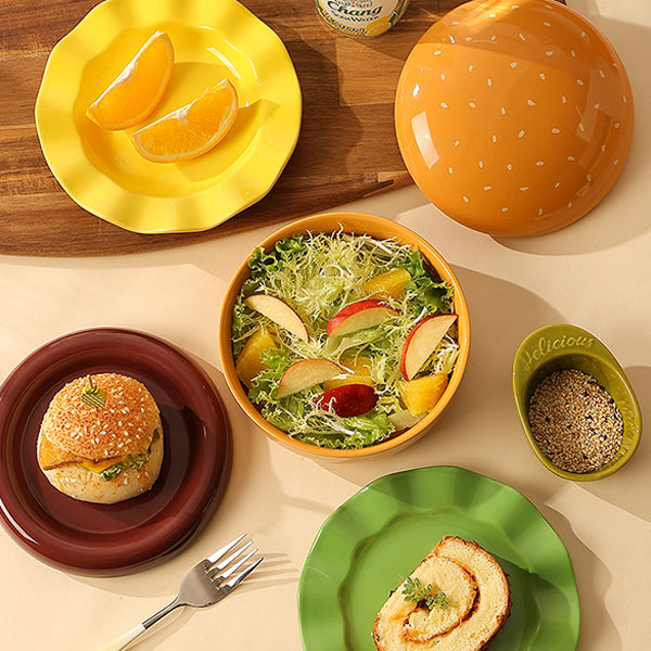 Ceramic Burger Bowl and Plate Set - Fun Tableware Design - Durable Ceramic Material - Great for Serving or Gifting