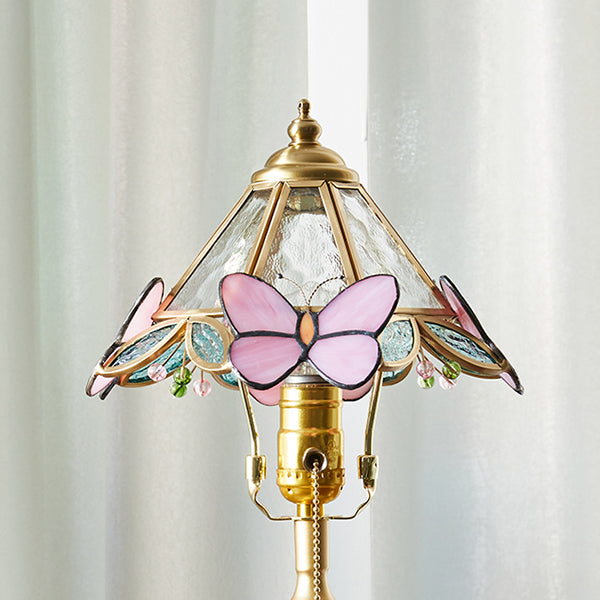 French Vintage Butterfly Table Lamp - Painted Metal Shade - Solid Wood Base - Retro Bedside Lamp