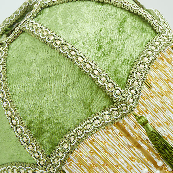 French Vintage Green Velvet Table Lamp - Beaded Fringe Shade with Tassels - Alloy and Marble Base - Elegant Retro Bedside Lamp