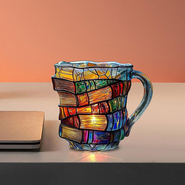 3D Painted Book Glass Mug - Handcrafted Stacked Book Design - Colorful Art Style