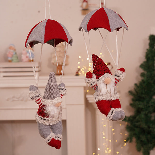 Fabric Parachute Santa Gnome Ornament - Hanging Christmas Decoration - Red Hat and Gray Hat Holiday Decor