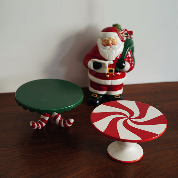 Hand Painted Christmas Cake Stand - Ceramic High Footed Plate - Festive Candy Color Design - Santa Candy and Cane Styles - Holiday Dessert Display Plate