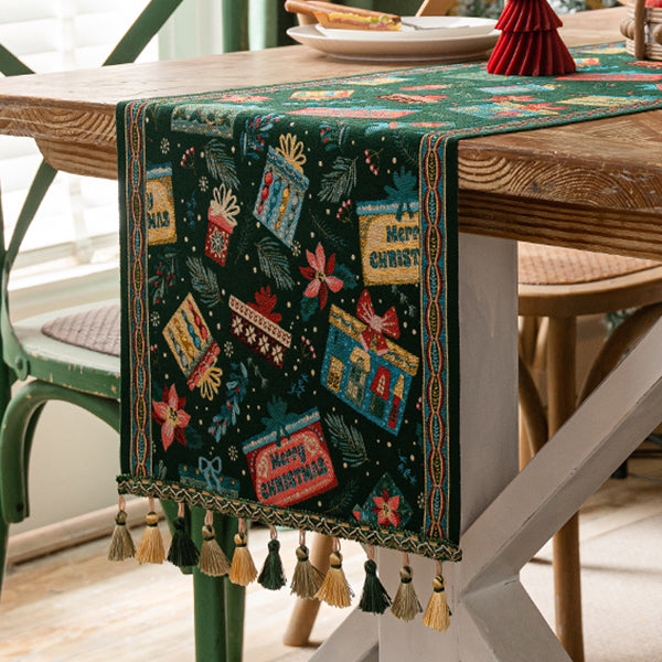 Christmas Table Runner - Cotton Linen Blend with Tassels - Four Festive Styles and Sizes - Holiday Dining Decoration