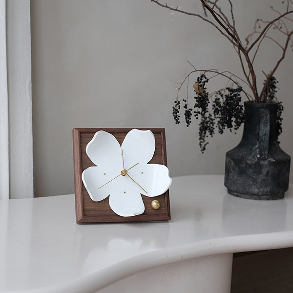 Sakura Blossom Table Clock - Ceramic Petals - Wooden Frame - Gold Accents