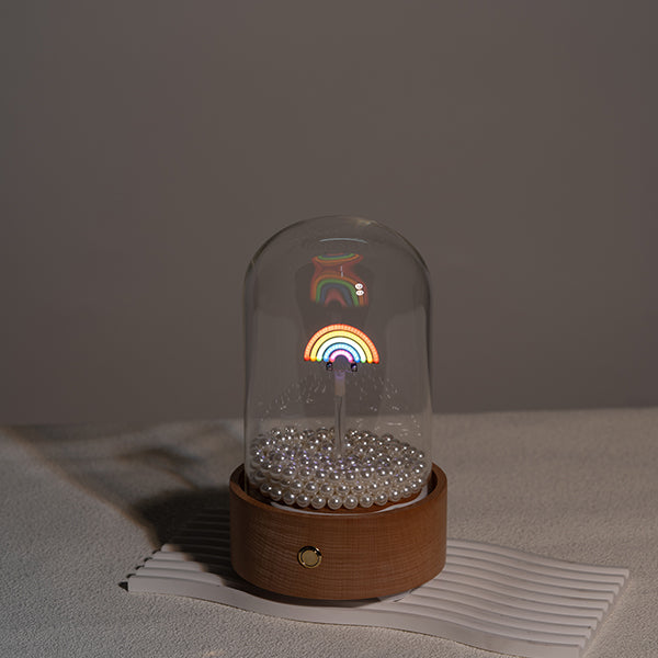Bluetooth Speaker Lamp - Rainbow Design - Glass Dome - Beechwood Base - Vibrant Decor