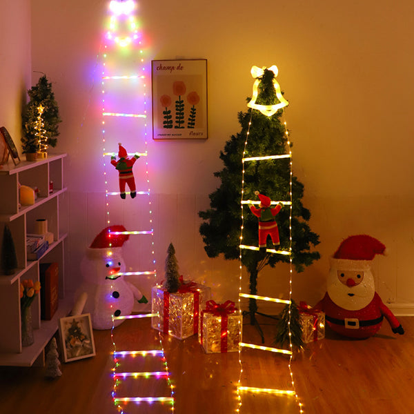 LED Santa Bell Ladder Light - 12 Rung 10.5ft Christmas Decoration - Warm White and Multicolor Options - USB Powered Indoor Outdoor Holiday Light
