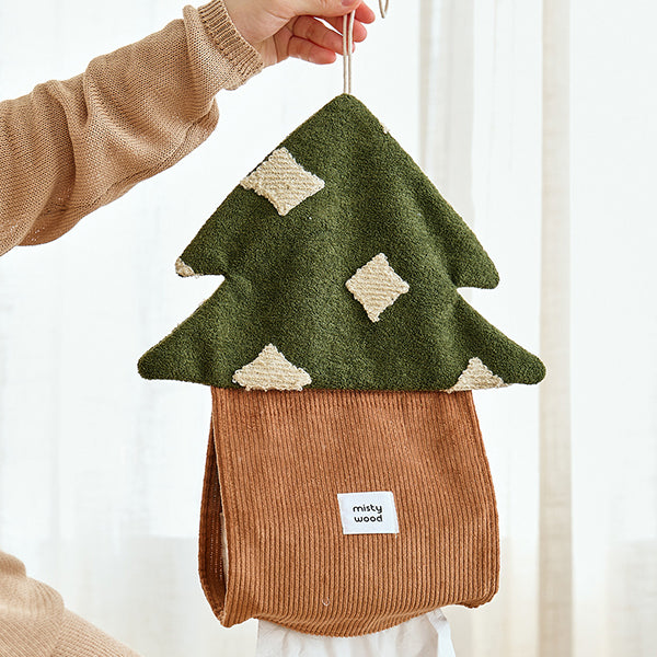 Christmas Forest Hanging Tissue Box Cover - Chenille Jacquard and Corduroy - Mushroom and Pine Tree Design - Nordic Woodland Wall Décor