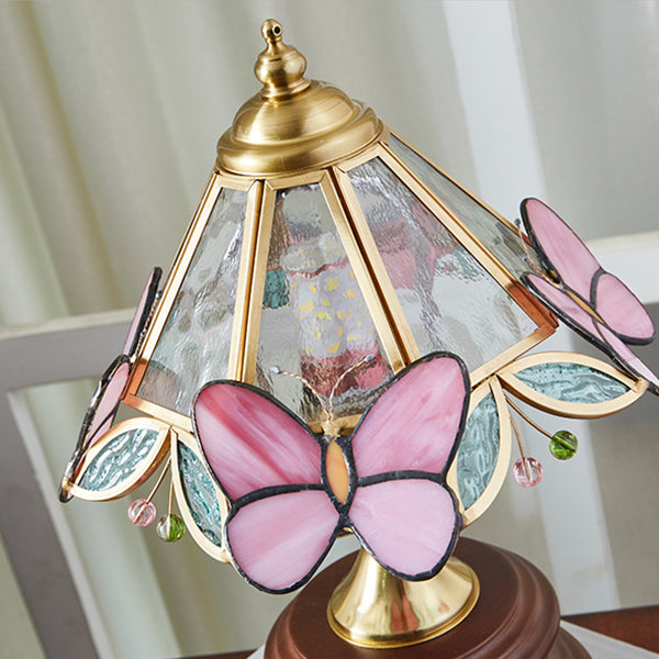 French Vintage Butterfly Table Lamp - Painted Metal Shade - Solid Wood Base - Retro Bedside Lamp