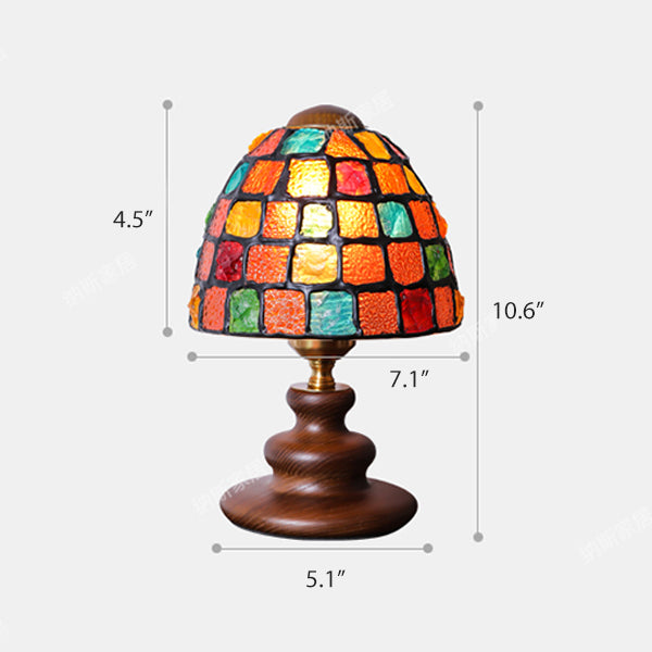 French Vintage Stained Glass Table Lamp - Mediterranean Style - White Ash Wood Base - Resin and Metal Details - Retro Bedside Light