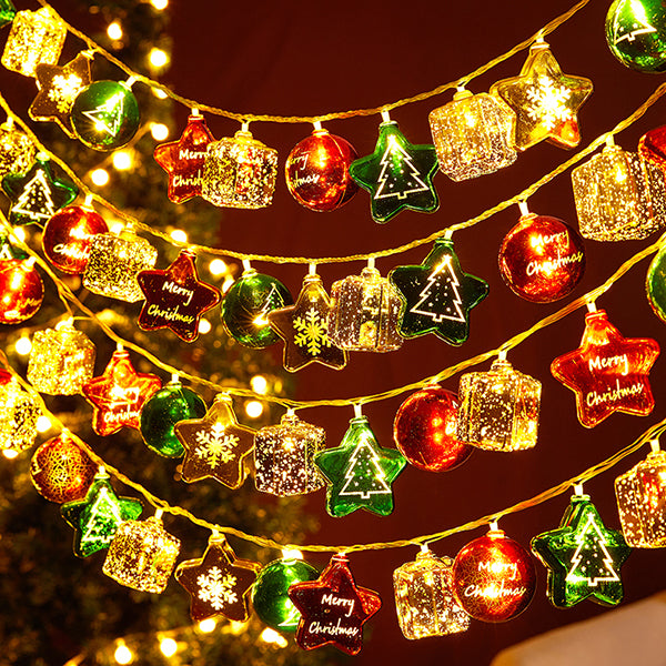 Christmas String Lights - Stars Gift Boxes and Balls - Battery & USB Powered - Indoor Outdoor Holiday Decoration
