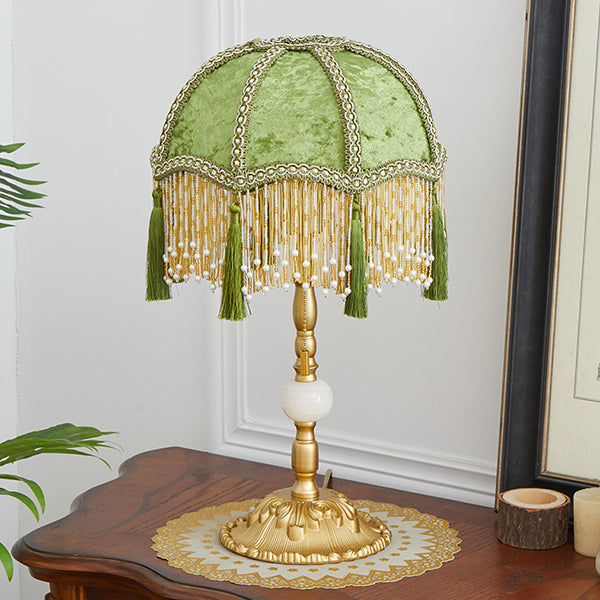 French Vintage Green Velvet Table Lamp - Beaded Fringe Shade with Tassels - Alloy and Marble Base - Elegant Retro Bedside Lamp