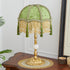 French Vintage Green Velvet Table Lamp - Beaded Fringe Shade with Tassels - Alloy and Marble Base - Elegant Retro Bedside Lamp