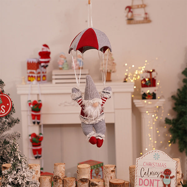 Fabric Parachute Santa Gnome Ornament - Hanging Christmas Decoration - Red Hat and Gray Hat Holiday Decor