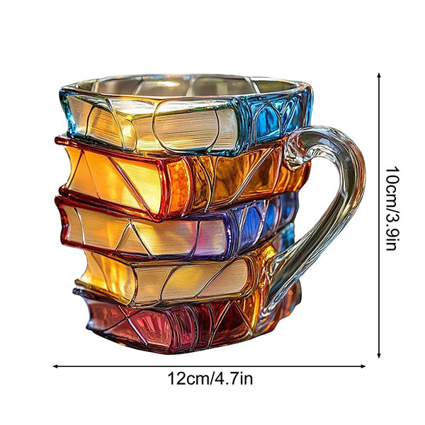 3D Painted Book Glass Mug - Handcrafted Stacked Book Design - Colorful Art Style