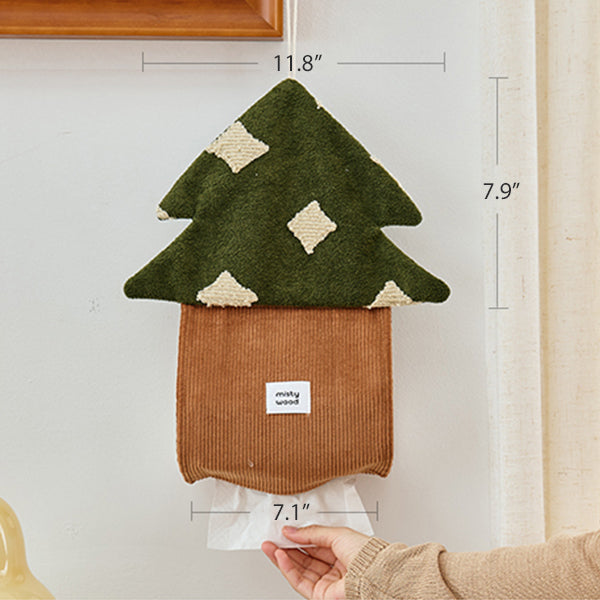 Christmas Forest Hanging Tissue Box Cover - Chenille Jacquard and Corduroy - Mushroom and Pine Tree Design - Nordic Woodland Wall Décor