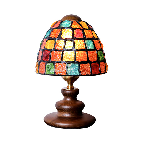 French Vintage Stained Glass Table Lamp - Mediterranean Style - White Ash Wood Base - Resin and Metal Details - Retro Bedside Light