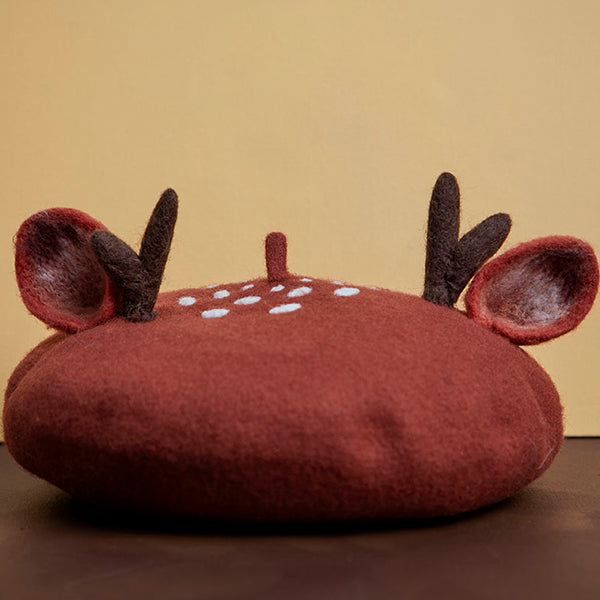 Wool Felt Reindeer Beret Hat - Christmas Antler Cap - Festive Winter Accessory