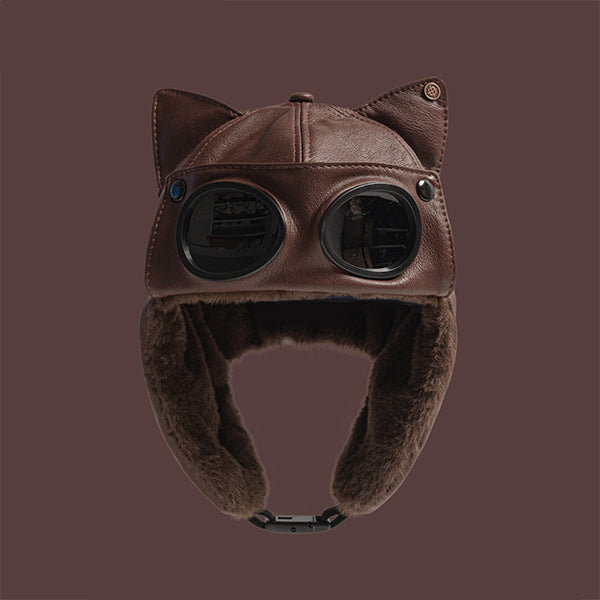 Cat Ear Aviator Hat - PU Leather Winter Cap - Furry Lined Pilot Helmet - Retro Goggles Design - Cute Warm Headwear