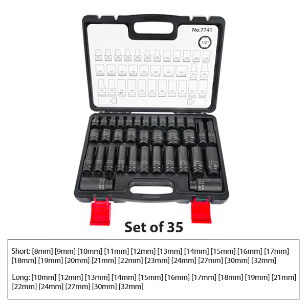 Impact Socket Set - CR-MO Steel - Short Long Combo Options - Heavy Duty for Automotive Repair - Anti-Rust Black Finish - Portable Storage Case