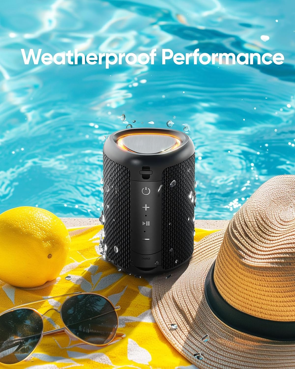 Portable Bluetooth Speaker - 10W Stereo Output - LED Light Show - Outdoor Mesh Design - Black