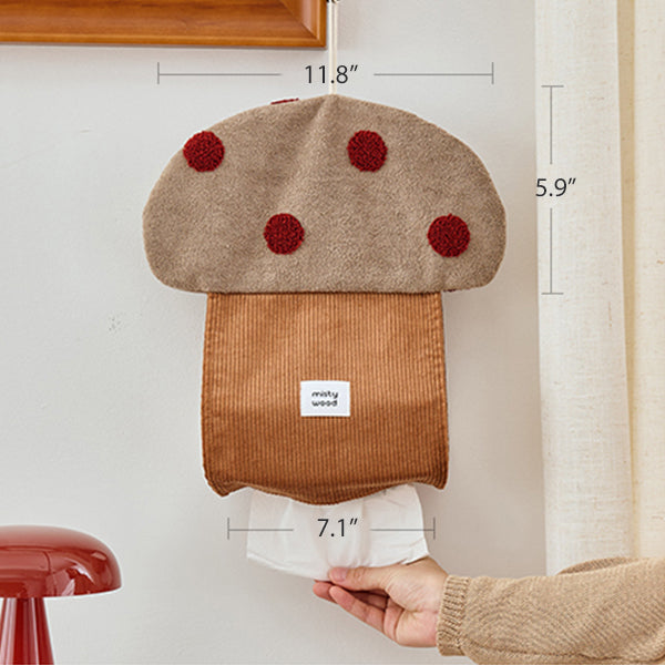 Christmas Forest Hanging Tissue Box Cover - Chenille Jacquard and Corduroy - Mushroom and Pine Tree Design - Nordic Woodland Wall Décor