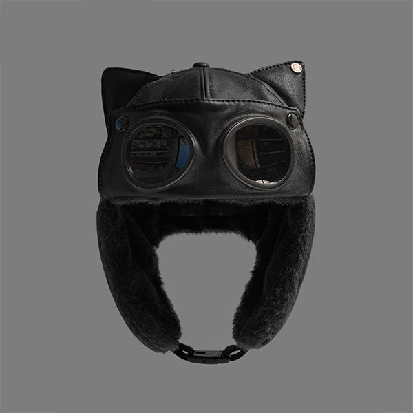 Cat Ear Aviator Hat - PU Leather Winter Cap - Furry Lined Pilot Helmet - Retro Goggles Design - Cute Warm Headwear