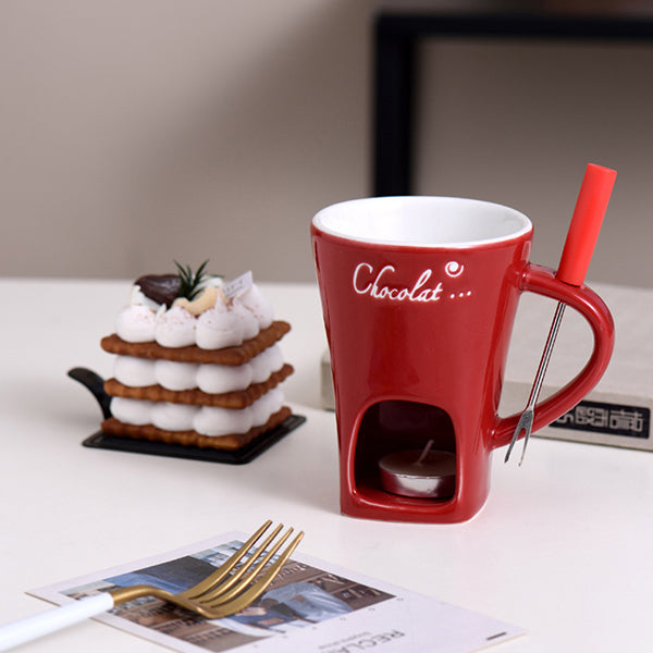 Ceramic Chocolate Fondue Mug - Candle Heated Melting Cup with Forks - White Red Black Colors - Home Dessert Fondue Set