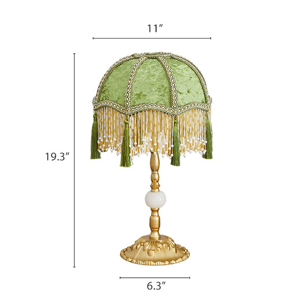 French Vintage Green Velvet Table Lamp - Beaded Fringe Shade with Tassels - Alloy and Marble Base - Elegant Retro Bedside Lamp