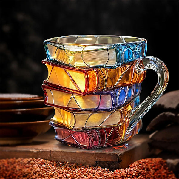 3D Painted Book Glass Mug - Handcrafted Stacked Book Design - Colorful Art Style