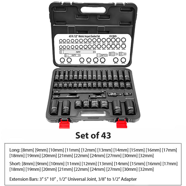 Impact Socket Set - CR-MO Steel - Short Long Combo Options - Heavy Duty for Automotive Repair - Anti-Rust Black Finish - Portable Storage Case
