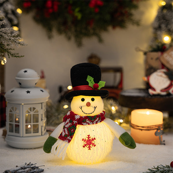 Glowing Snowman Doll Figurine - Christmas Light-Up Decoration - Fabric PVC LED Ornament - Pointed Hat and Top Hat Styles