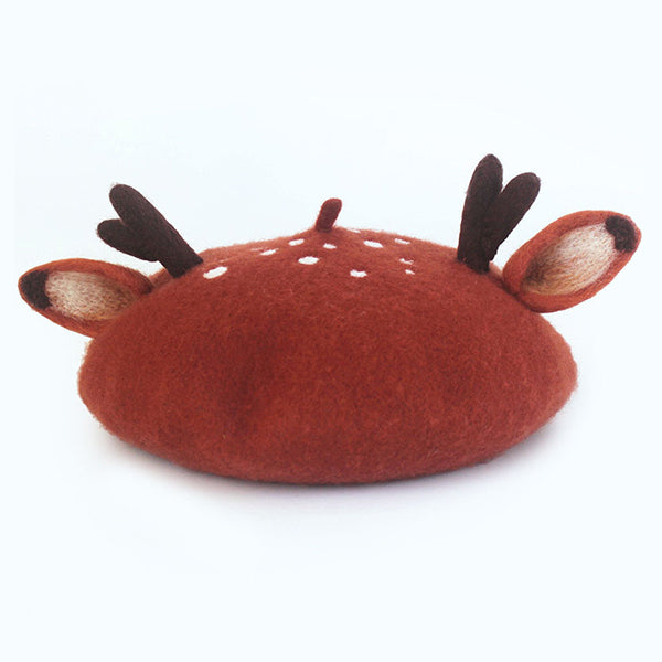 Wool Felt Reindeer Beret Hat - Christmas Antler Cap - Festive Winter Accessory