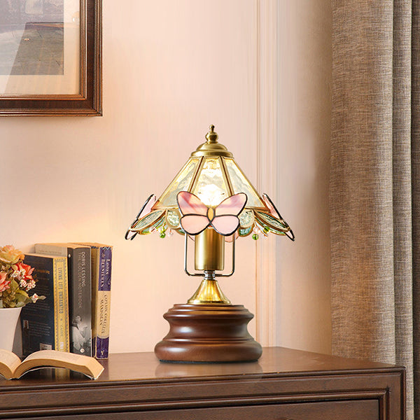 French Vintage Butterfly Table Lamp - Painted Metal Shade - Solid Wood Base - Retro Bedside Lamp