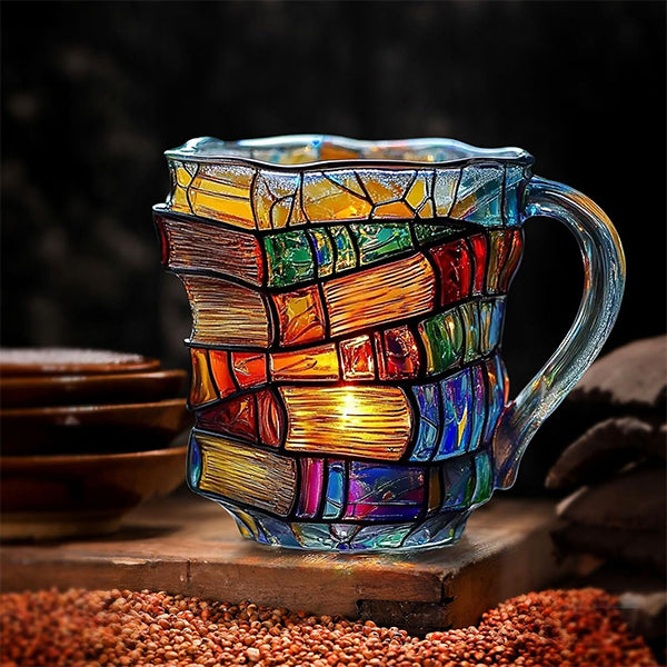 3D Painted Book Glass Mug - Handcrafted Stacked Book Design - Colorful Art Style