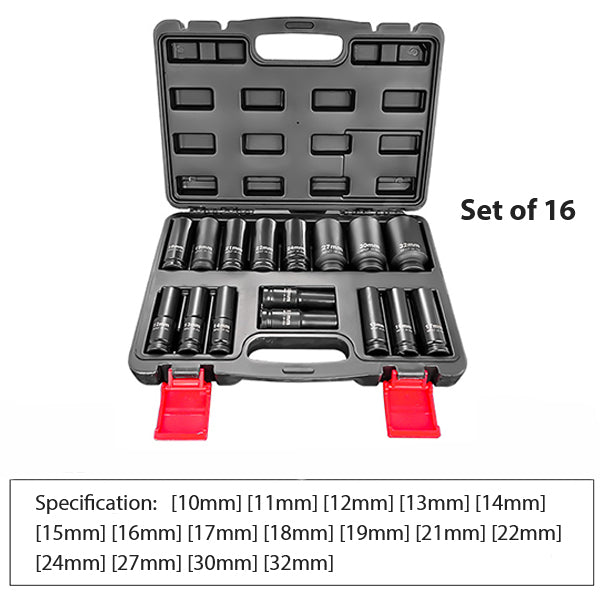 Impact Socket Set - CR-MO Steel - Short Long Combo Options - Heavy Duty for Automotive Repair - Anti-Rust Black Finish - Portable Storage Case