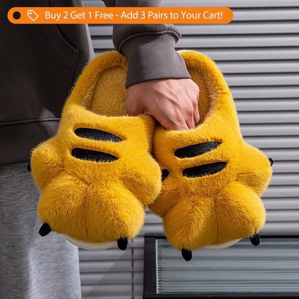 Plush Tiger Paw Slippers - Fuzzy Winter Comfort - Unisex Design - Brown - Yellow - White