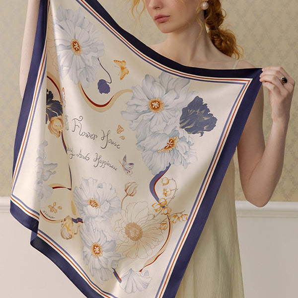 French Garden Silk Scarf - 100% Mulberry Silk - 15 Floral Designs - Elegant Gift for Mom