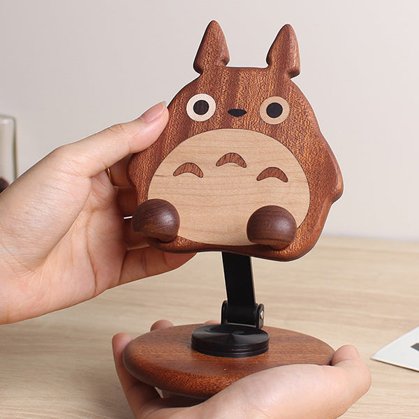 Cute Wooden Phone Stand - Totoro Shiba Inu & Cat - Foldable & Space-Saving - 360° Adjustable - Home & Office Use