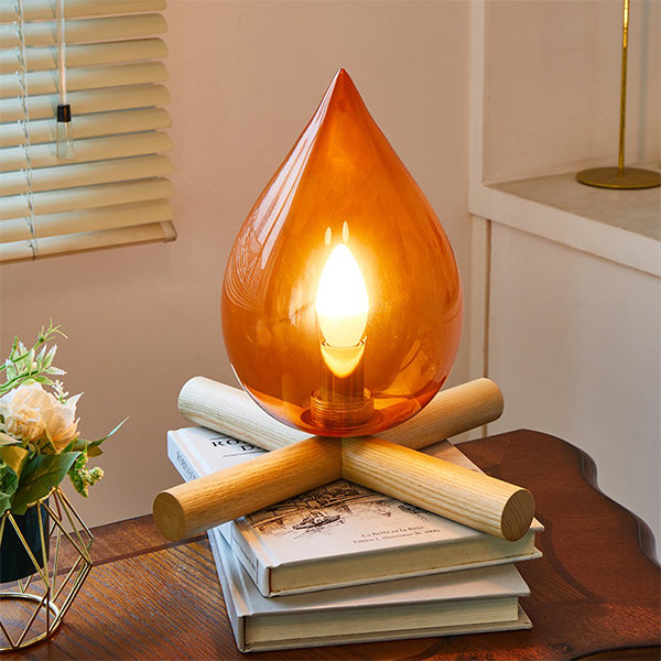 Bonfire-Inspired Table Lamp - Glass Cover with Wooden Base - Three Color Settings