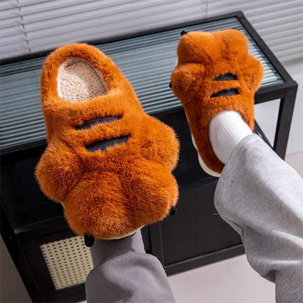 Plush Tiger Paw Slippers - Fuzzy Winter Comfort - Unisex Design - Brown - Yellow - White