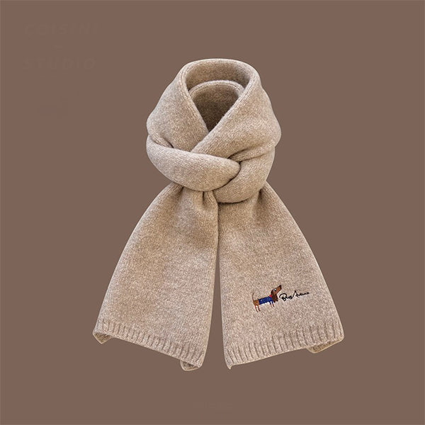 Adorable Puppy Embroidery Scarf - Soft Knit Design - Beige - Gray - Cozy Winter Warmth