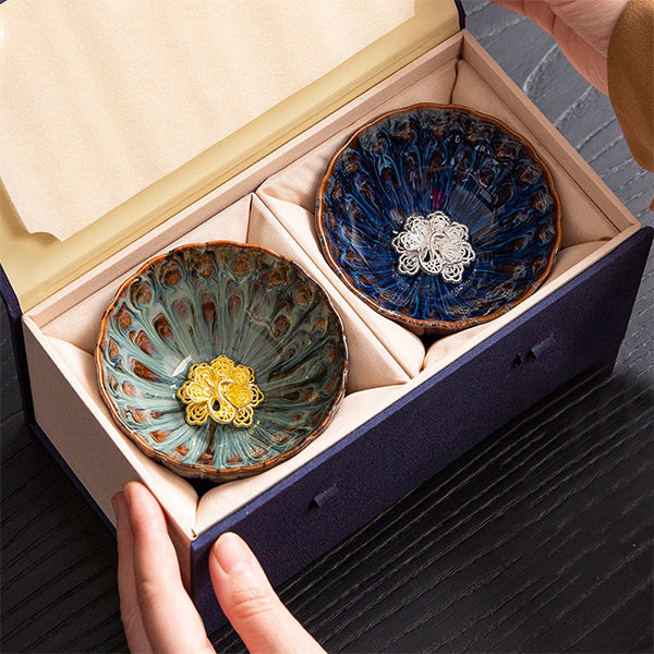 Handcrafted Ceramic Tea Cups - Lotus & Peacock Design - Glazed Finish - Tea Set Gift Box