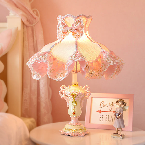 European Princess Pink Table Lamp - Resin Base with Fabric Shade - Lace Trim Bedside Light - Cute Girl’s Bedroom Nightstand Lamp