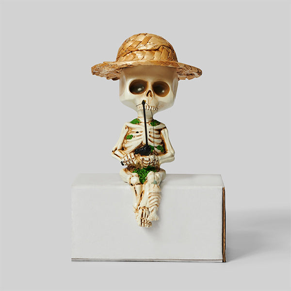 Skeletal Fisherman Figurine - Resin Craft with Straw Hat - Halloween Decoration