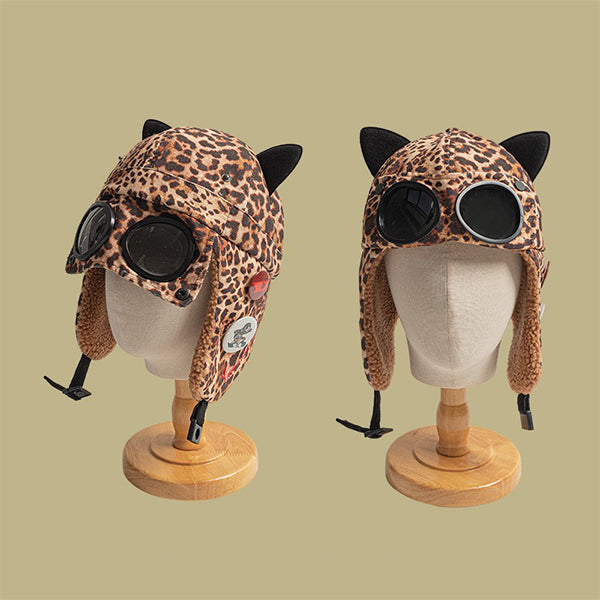 Cat Ear Aviator Hat - Faux Fur Lined - Goggles Included - Outdoor Warmth