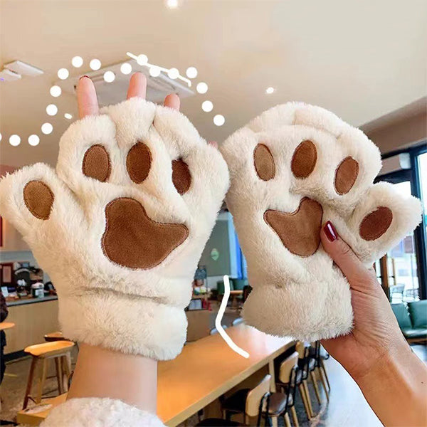 Cozy Fluffy Cat Paw Gloves - Half-Finger Design - Thick & Warm Plush - Beige and Brown