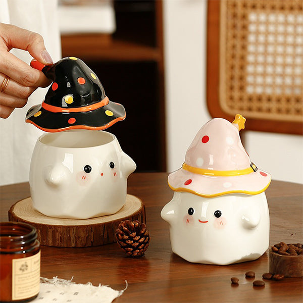 Halloween Ghost Cup with Magical Hat Lid - Pink - Black - Beige - Ceramic Craftsmanship