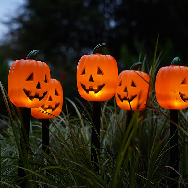 Solar-Powered Pumpkin Stake Lights - Halloween Outdoor Decorations - Warm Orange Glow