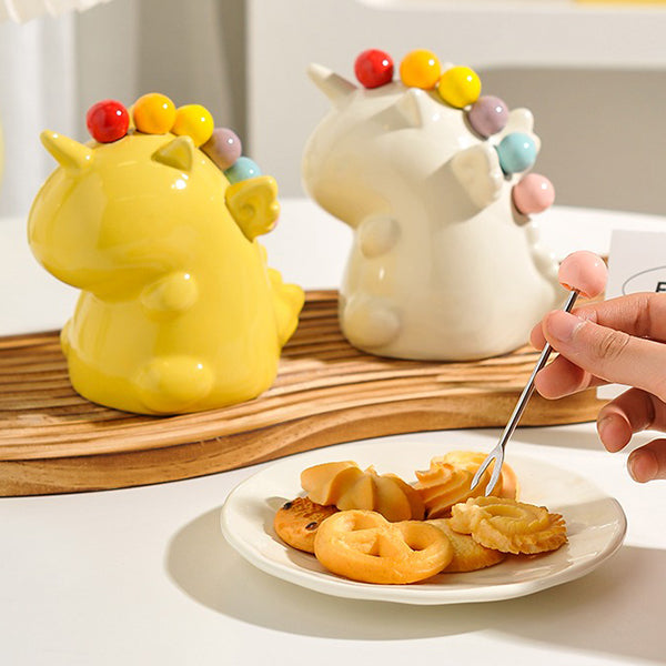 Unicorn Fruit Fork Set - Ceramic Holder - 6 Forks Included - Cute Table Decor - Pink - Green - White - Yellow