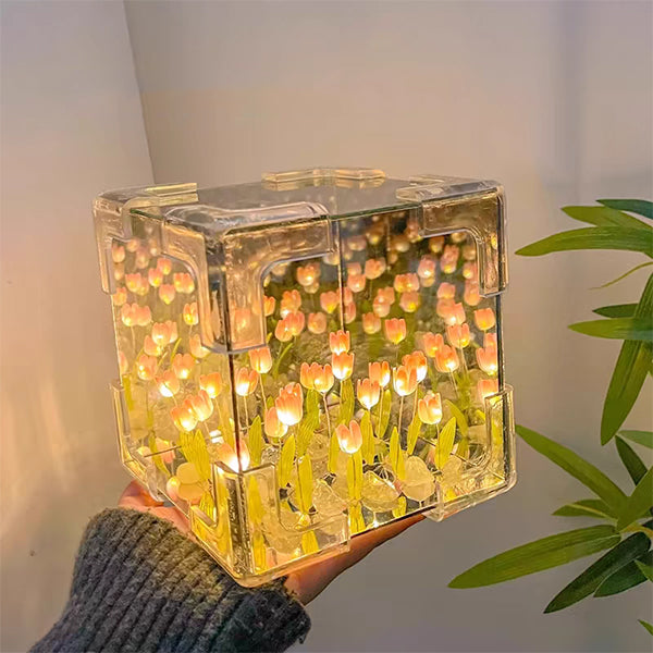 Tulip Cube Night Light - Pink - Blue - Mirror Surface Off - 20 LED Flowers - Ambient Mood Lamp